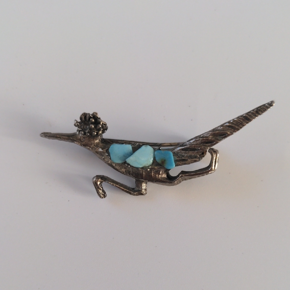 Vintage Roadrunner Bird Brooch  Turquoise Cabochons Southwestern Costume Jewelry